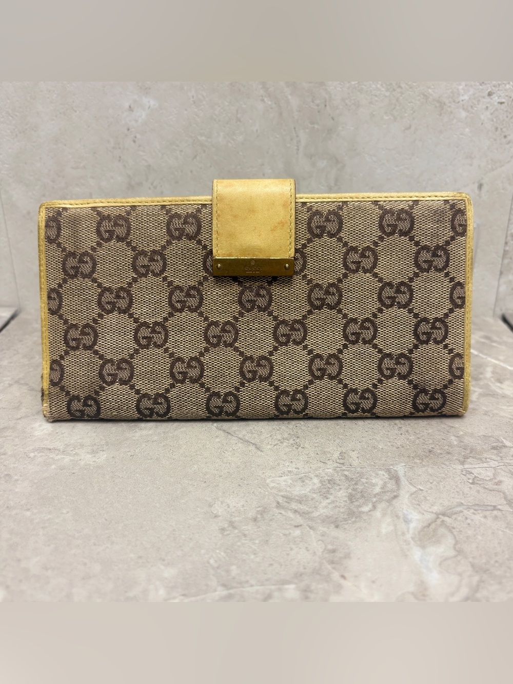 Vintage Gucci GG Monogram Canvas Continental Wallet Yellow Leather Made Italy